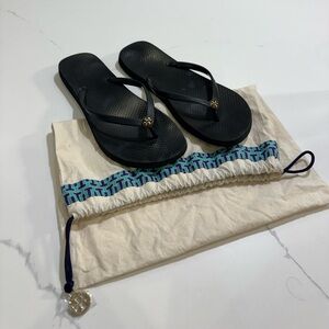 Tory Burch Black Flip Flop Sandals with Gold Logo Accent